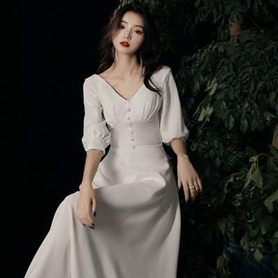 白色轻婚纱春季长袖宴会主持人长款名媛气质年会旅拍领证礼服女|ru