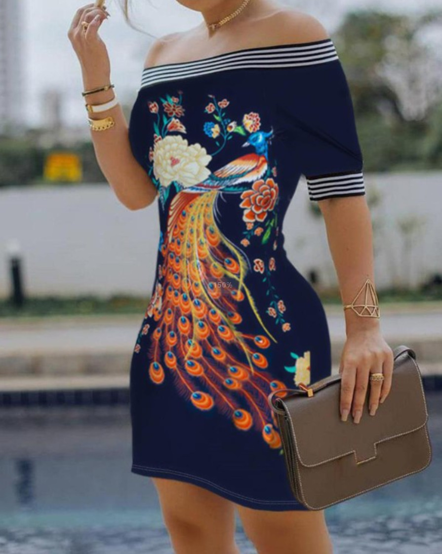 printing slim one-word shoulder short sleeve dress NSSRX129079