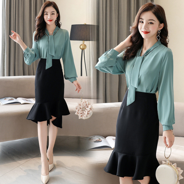 2020 spring new Korean professional ol temperament solid shirt Ruffle Skirt two piece suit