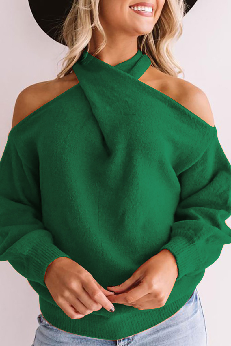 V-Neck Off-The-Shoulder Cross-Wrapped Open-Back Sweater NSPZN105147