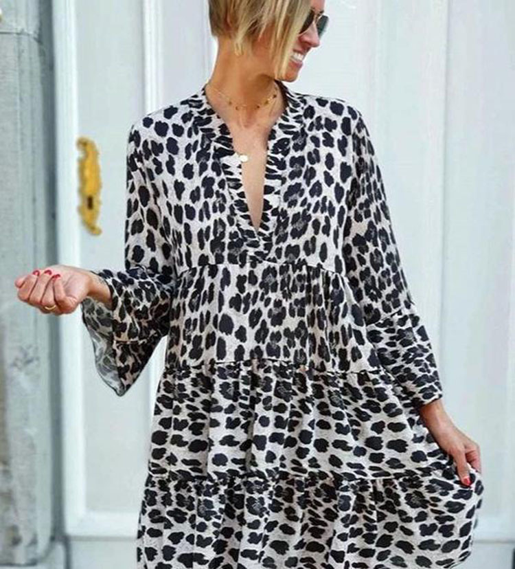 Rochie lungă boho cu imprimeu leopard pentru femei primăvară_voghion.com