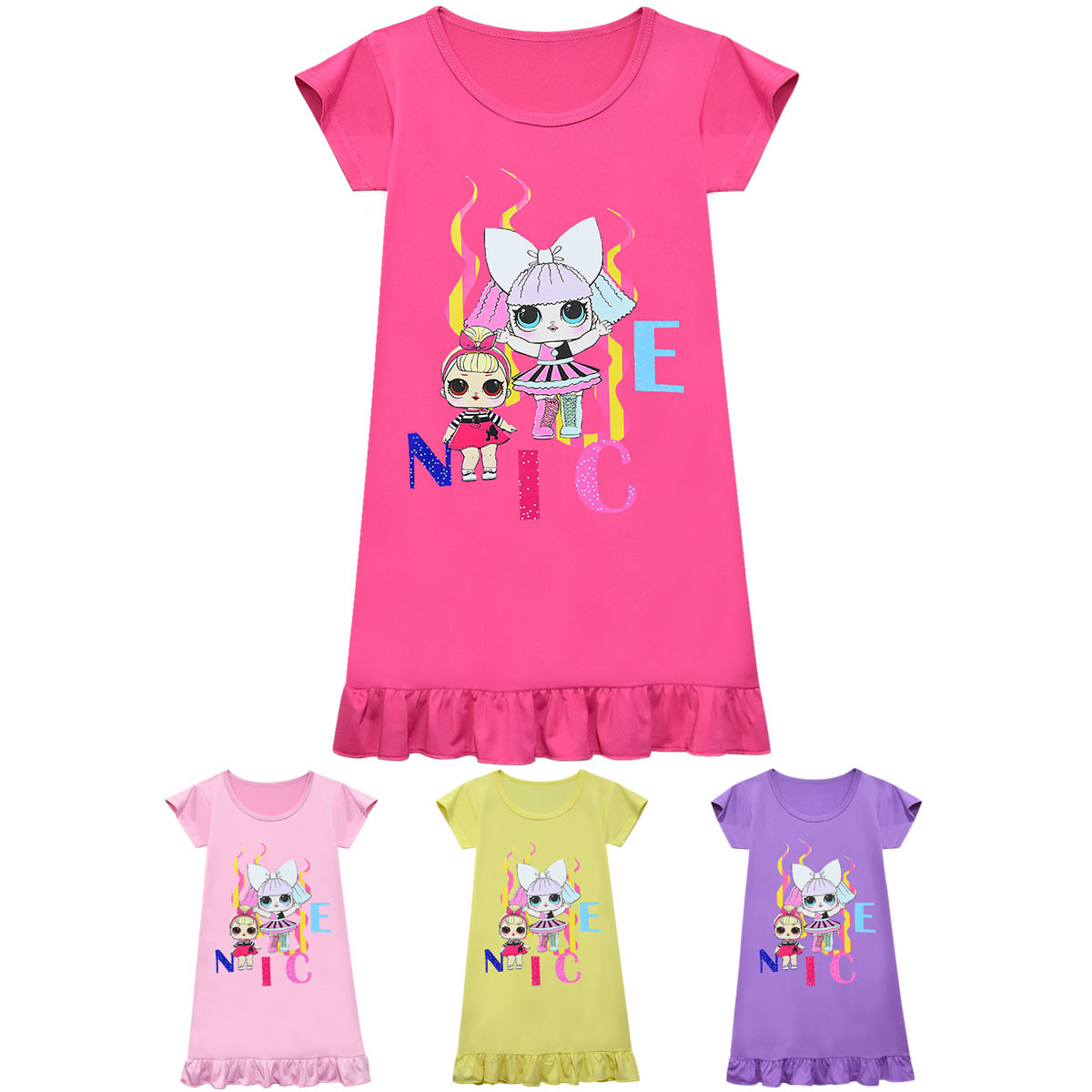 Cross-border Short-sleeved Skirt Doll for Children 1-12 Years Old Girls' Mid-length Sleeping Skirt with Ruffles Q8002
