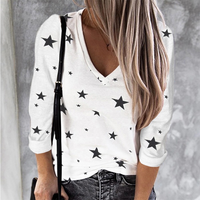 autumn and winter star printing V-neck long-sleeved t-shirt  NSLZ26706