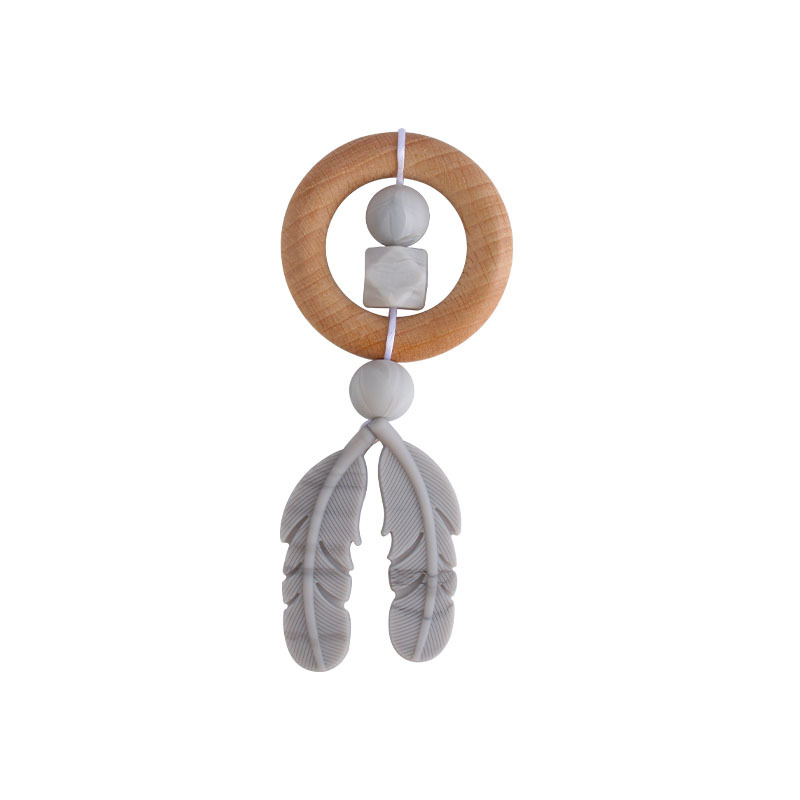 Nueva historieta DIY Beech anillo de mano molar de juguete mordedor infantil pluma de silicona perlas dientes de molienda palo