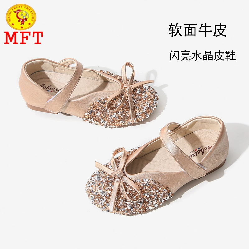Детские кожаные туфли, туфли из натуральной кожи с кристаллами, блестящие детские балетки 2025 года, туфли для девочек на мягкой подошве, весенние детские туфли для принцесс.