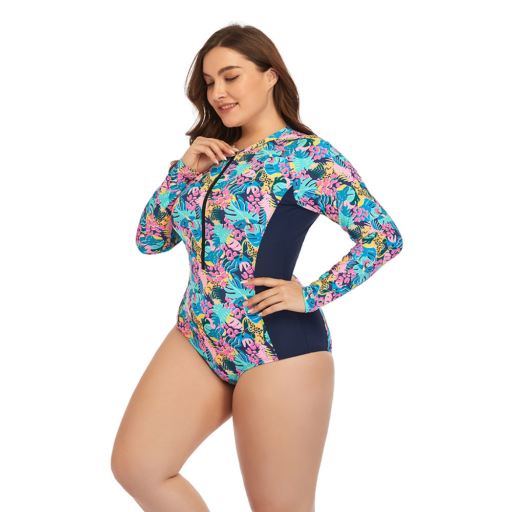 plus size printed turtleneck zipper long sleeve one-piece swimsuit NSYDS122291