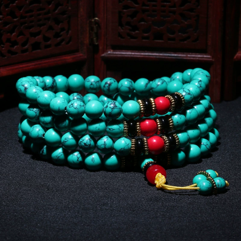 Ethnic turquoise rosary with round beads, organic natural ore, bracelet for men and women, accessory, ethnic style, 108 beads, wholesale