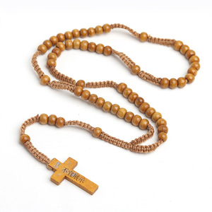 2pcs Natural Wood Beads Christian Rosary Necklace for unisex Hand Woven Cross praying Necklace Jesus Religious Jewelry