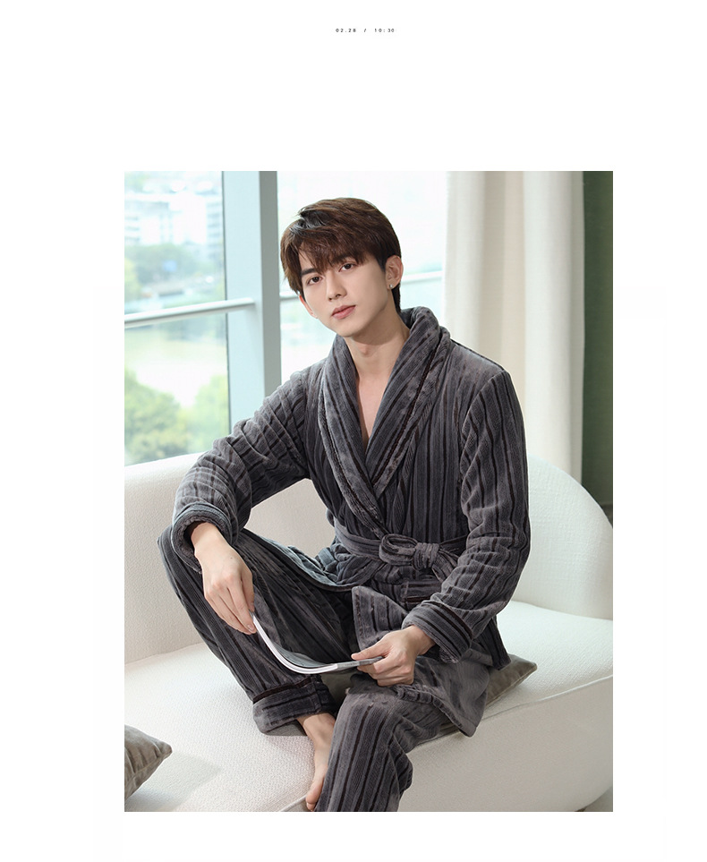 Pigiama da donna GraceChic GraceChic, set di vestaglia e pantaloni in pile corallo autunnale, abbigliamento da casa in flanella a righe per uomo, set invernale_voghion.com