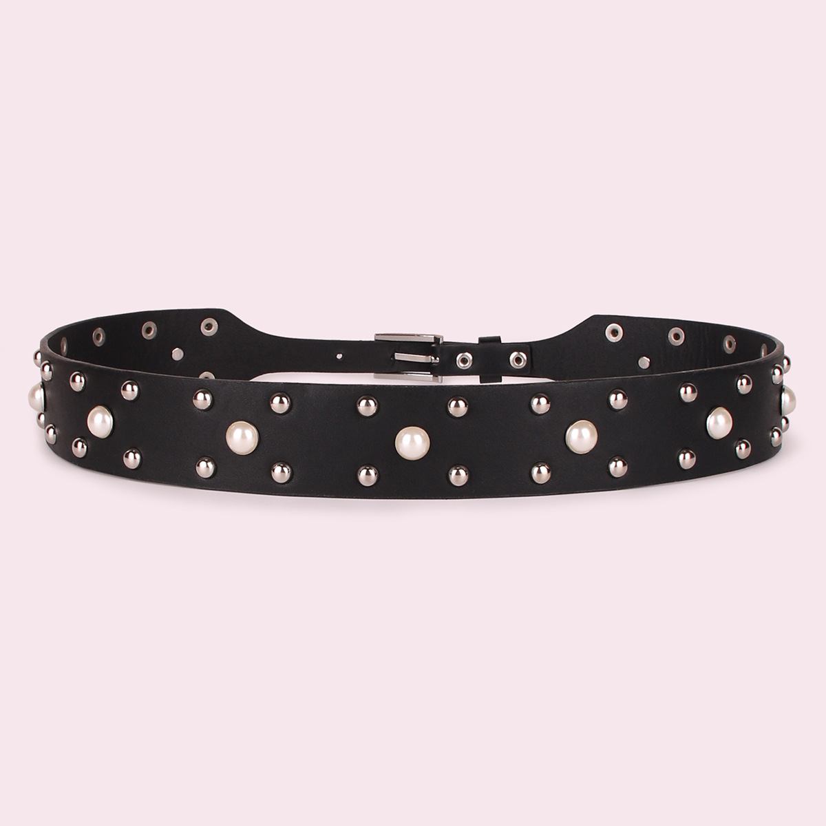 2020新款珍珠腰封鉚釘款腰帶女時尚百搭跨境束腰帶黑色現貨