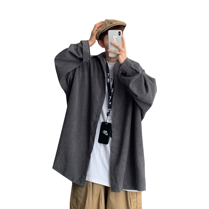 Chaqueta de pana de manga larga de los hombres de moda de color sólido primavera y otoño Camisa de estilo de Hong Kong Estilo coreano Ruan camisa guapo Top suelto Retro