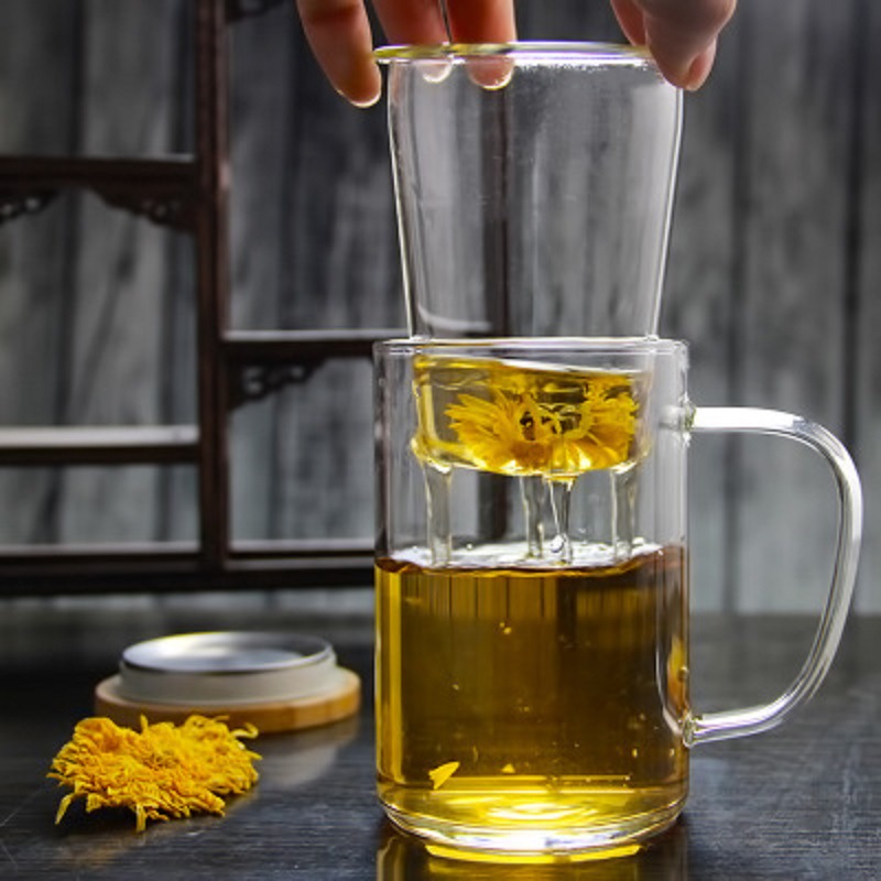 Cubierta de madera taza de té de vidrio de borosilicato con mango traje de té taza de té perfumada con tapa Filtro de tres piezas taza de té verde