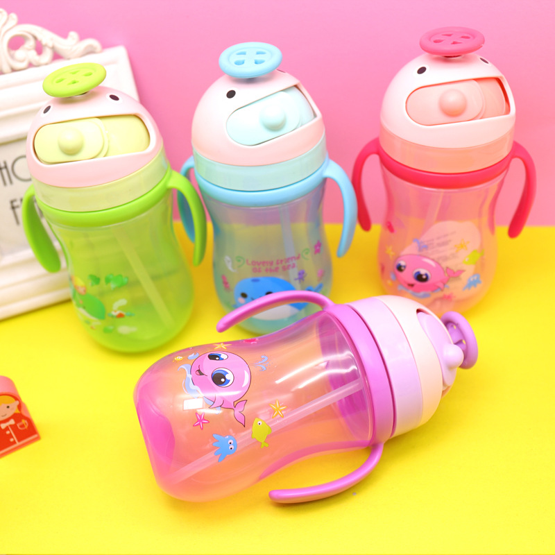 婴幼儿防漏双手柄学饮杯PP吸管杯子摔不水鲸鱼款宝宝训练水杯