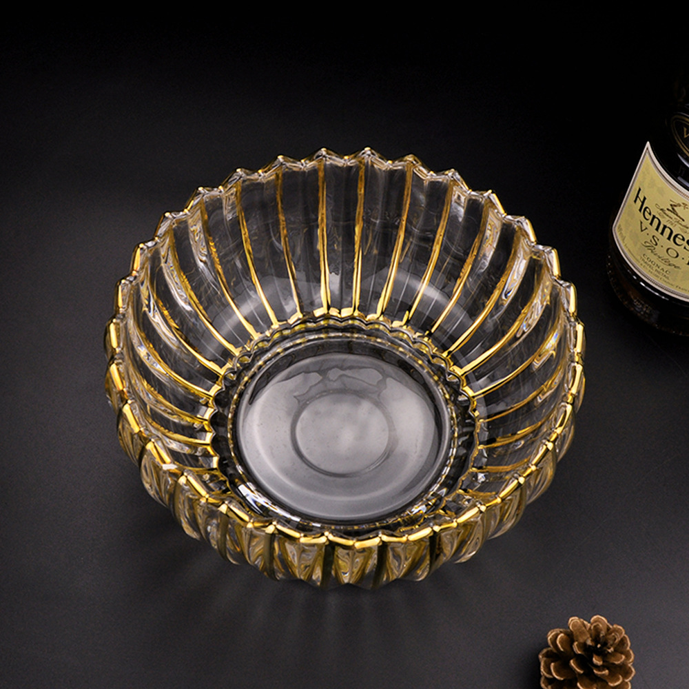 跨境大号水果盘水晶玻璃果斗条形金莲花供盘创意金边高脚干果盘