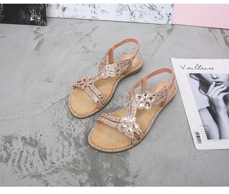 2024 New cross-border large-sized hollowed-out sandals, Bohemian-style women's shoes, summer comfortable flat diamond sandals undefined