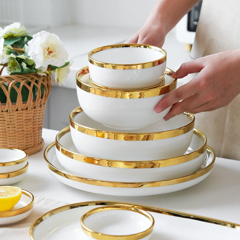 Ceramic Tableware Set, Light Luxury Pearl White with Gold Rim, Multiple Sizes