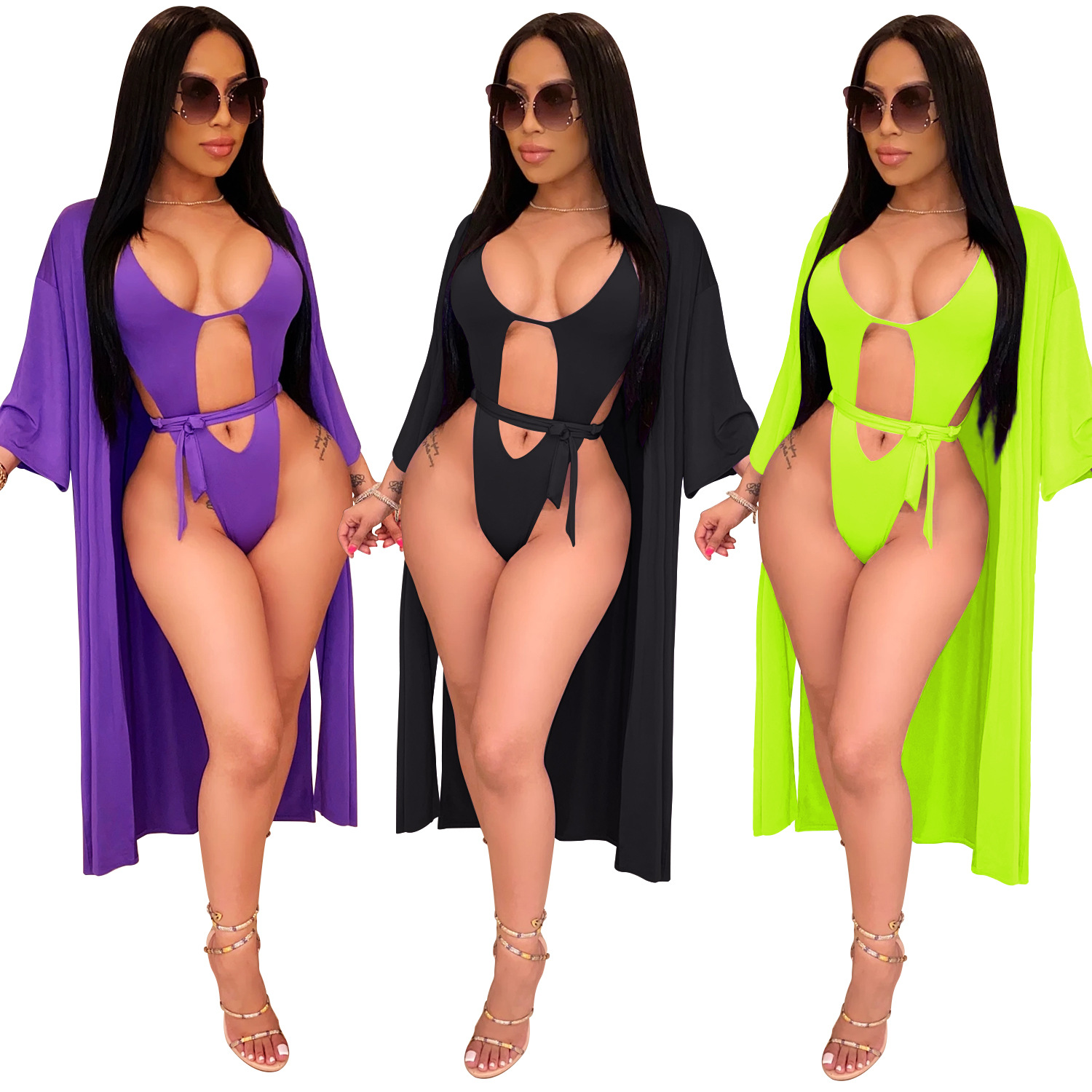 hollow sling backless lace-up one-piece swimsuit and loose outwear set NSFYZ118527