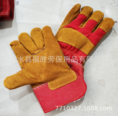 厂家供应订做11英寸羊羔绒全里红布黄色牛皮劳保手套冬季款|ru