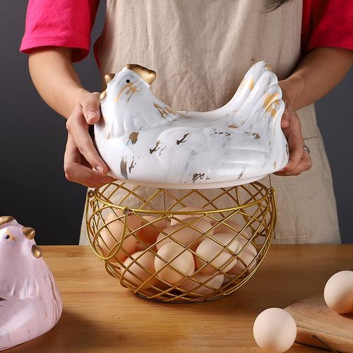 Creative Nordic household ceramic egg basket, fruit and vegetable miscellaneous basket, kitchen iron storage basket, hen decoration storage