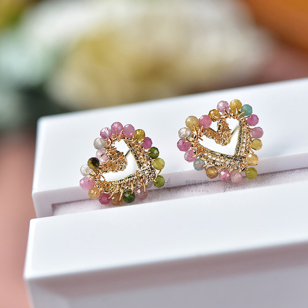 10g Weight Copper Ear Needle Material 14K Gold Plated Plating Material Ear Studs Classification 1 Pair Retro Classic Style Heart Shape Tourmaline Copper 14K Gold Plated Ear Studs
