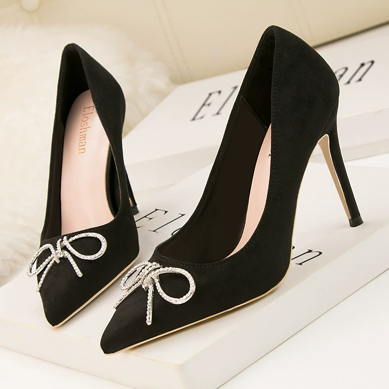 9288-6 модные стройнящие однослойные туфли на высоком каблуке с острым носком и металлической пряжкой со стразами и бантом в Корейском стиле милые туфли на высоком каблуке