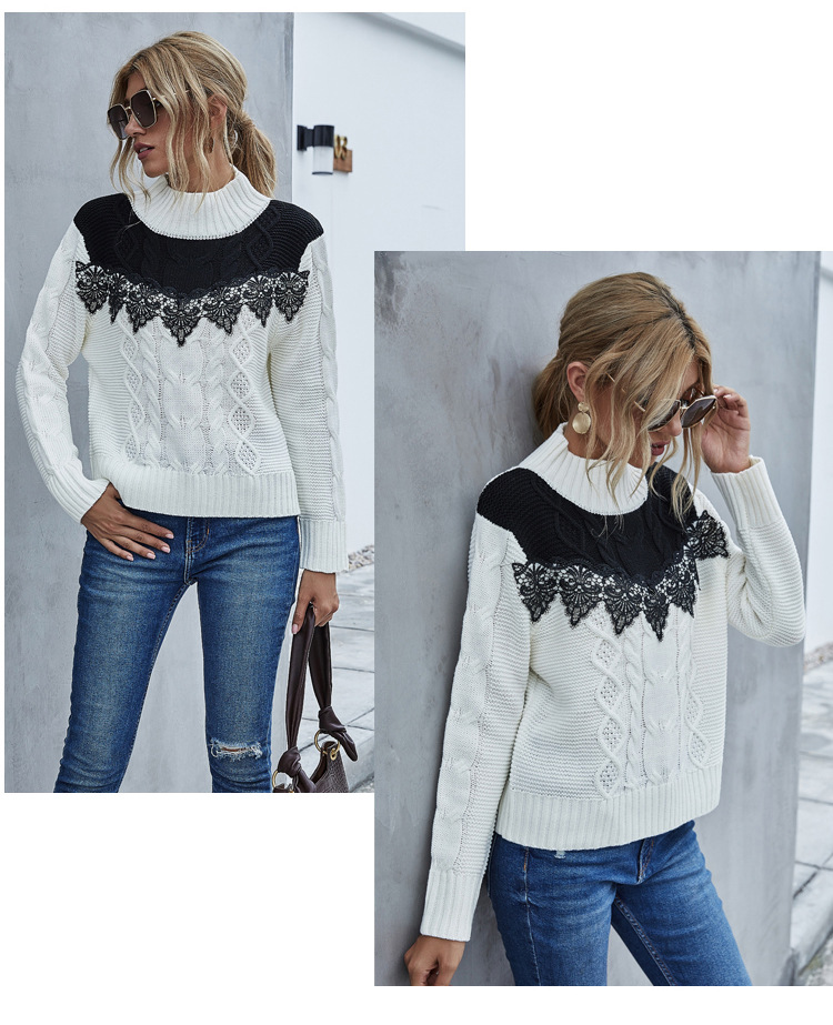 Casual Loose Half Turtleneck Sweater Contrast Lace Stitching Ladies Long Sleeve Knit NSYH7130