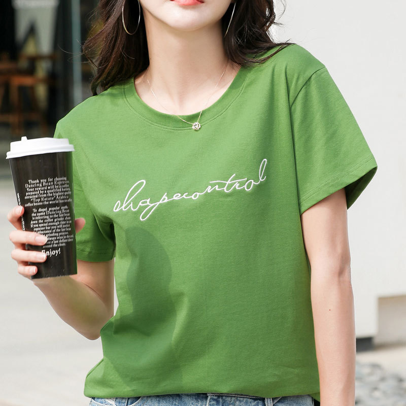 2022夏季新款女装韩版宽松显瘦棉质短袖T恤纯色刺绣打底衫代发
