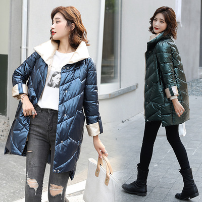 2020冬季新款翻領時尚韓版寬松羽絨棉服亮面中長款棉襖加厚外套女