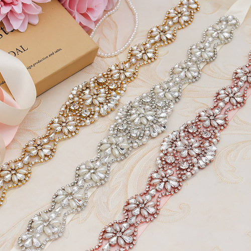 806 European & American Rhinestone Appliqué Belt, Luxurious Wedding Gown Bridal Waistband with Hand-Sewn Crystal Diamond Accents, Rhinestone-Embellished Waist Belt