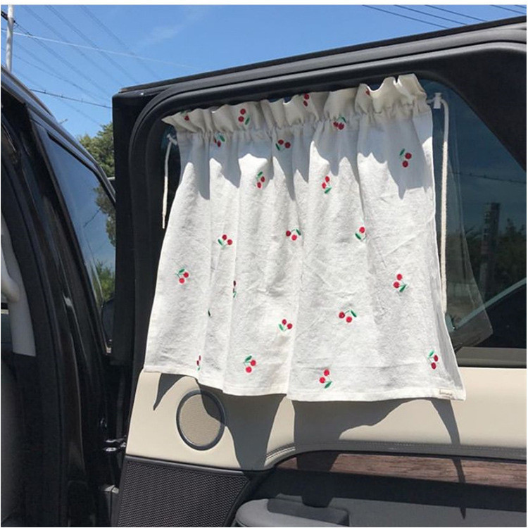 Korean Laonmanman Car Curtain Cotton Embroidery Sunshade Light Blocking Suction Cup Pastoral Style Cherry O