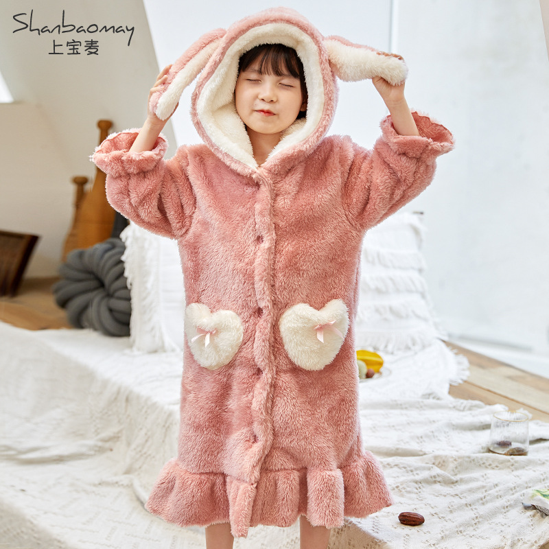 어퍼 바오 마이 가을과 겨울 어린이 나이트 가운 소년과 소녀를위한 따뜻한 플란넬 파자마 두꺼운 따뜻한 산호 양털 홈 옷