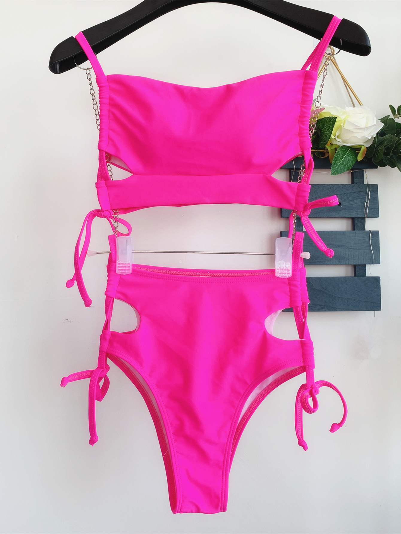 Sling Lace-Up Solid Color Swimsuit 2 Piece Set NSCSM114400