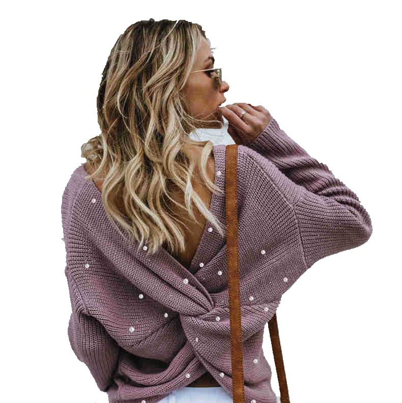 Suéter de Punto con Cuello en V y Espalda con Perlas para Mujer, Otoño/Invierno 2026, Éxito de Ventas en Amazon
