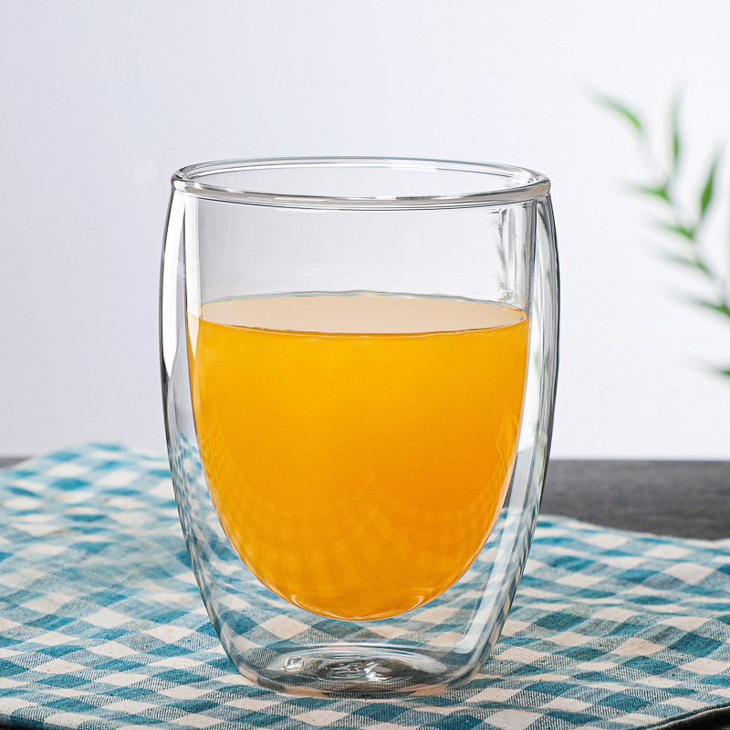 Taza de vidrio de borosilicato doble capa con tapa de bambú diseño en forma de huevo para café leche y jugos