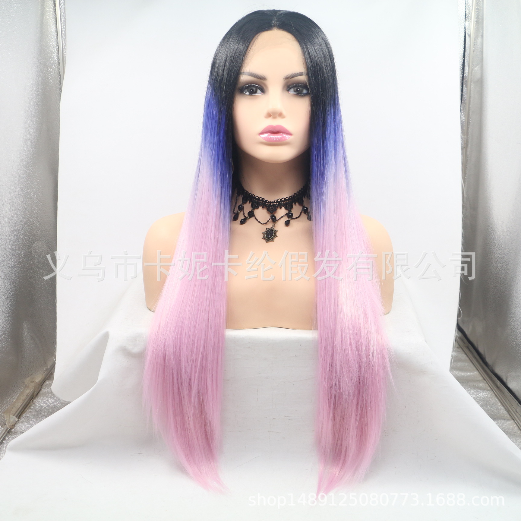 Multicolor de longitud media recta cabello de encaje wig