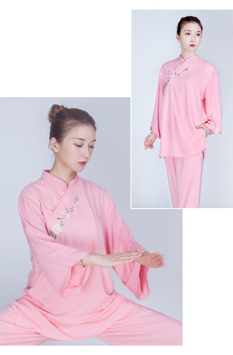 Chinese Tai Chi Clothing pink with flowers Kungfu uniforms for women summer wushu performance clothing cotton linen Tai ji quan martial art training suit