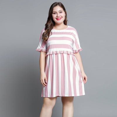 欧美大码女士时尚新款条纹圆领拼接流苏短袖连衣裙女|ru