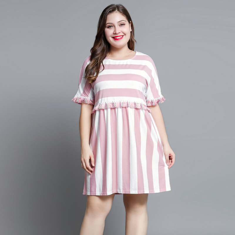 欧美大码女士时尚新款条纹圆领拼接流苏短袖连衣裙女|ru