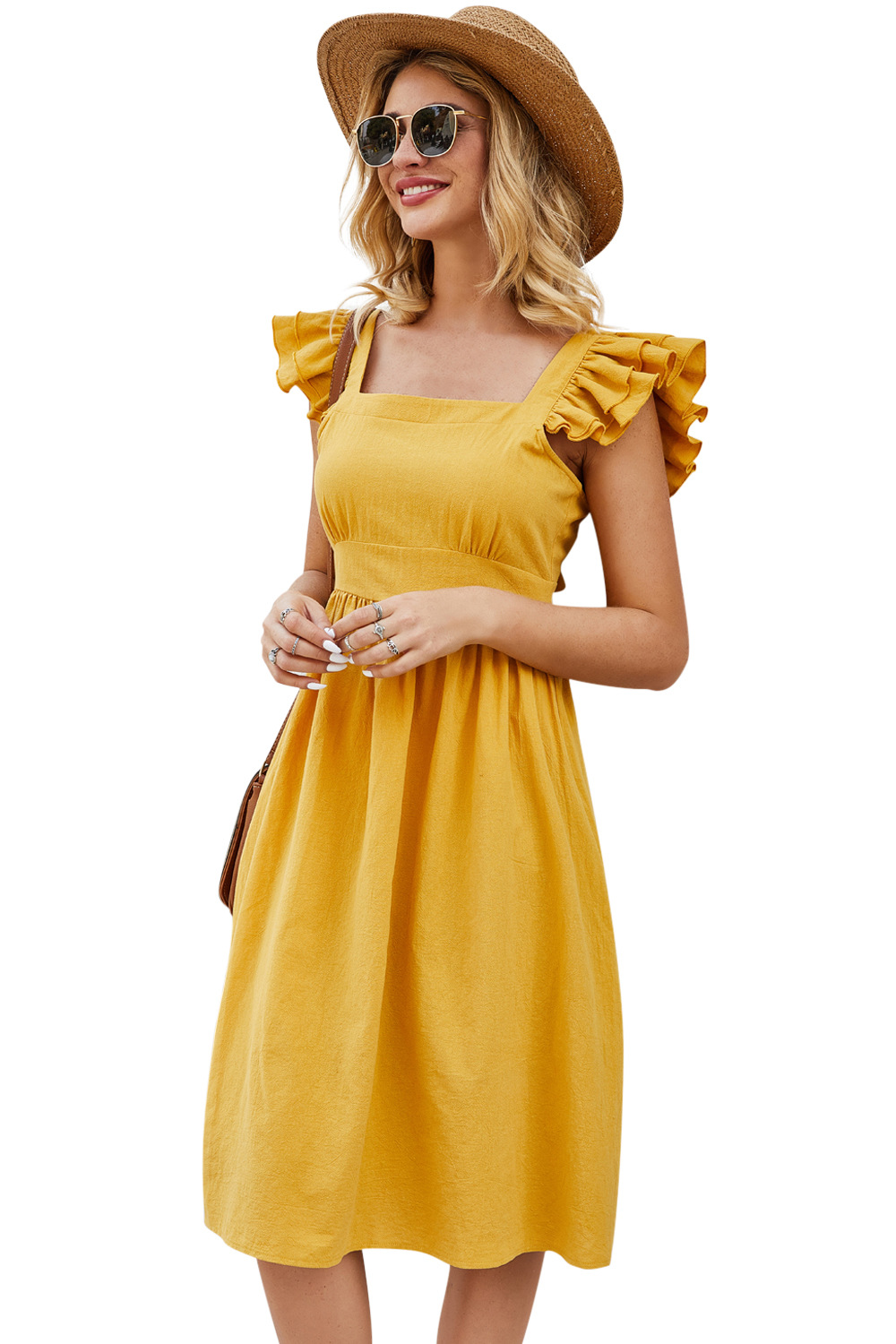 hot-selling summer new sleeveless stitching ruffled sleeves square collar solid color halter lace dress NSDF506