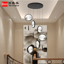 中式玻璃彩绘吊灯铁艺双层圆环餐厅灯创意轻奢中国风客厅别墅灯具
