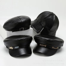 女士皮貝雷帽時尚韓版潮黑海軍帽秋冬新款英倫女pu八角帽修臉顯瘦