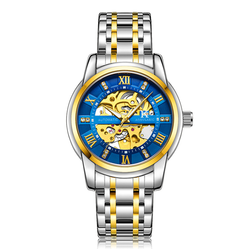 Ogulas AOKULASIC hombres correa de acero reloj mecánico automático hueco volante negocio reloj 5066