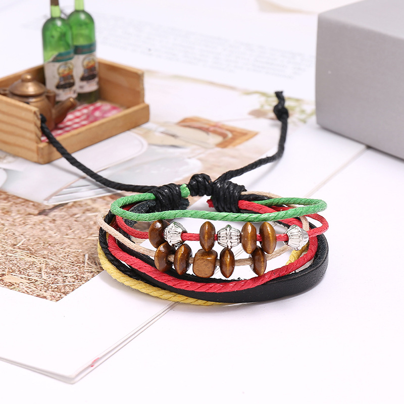 Hot Sell Beaded Leather Bracelet Hand Woven Multilayer Hemp Rope Wooden Bead Bracelet wholesale niha