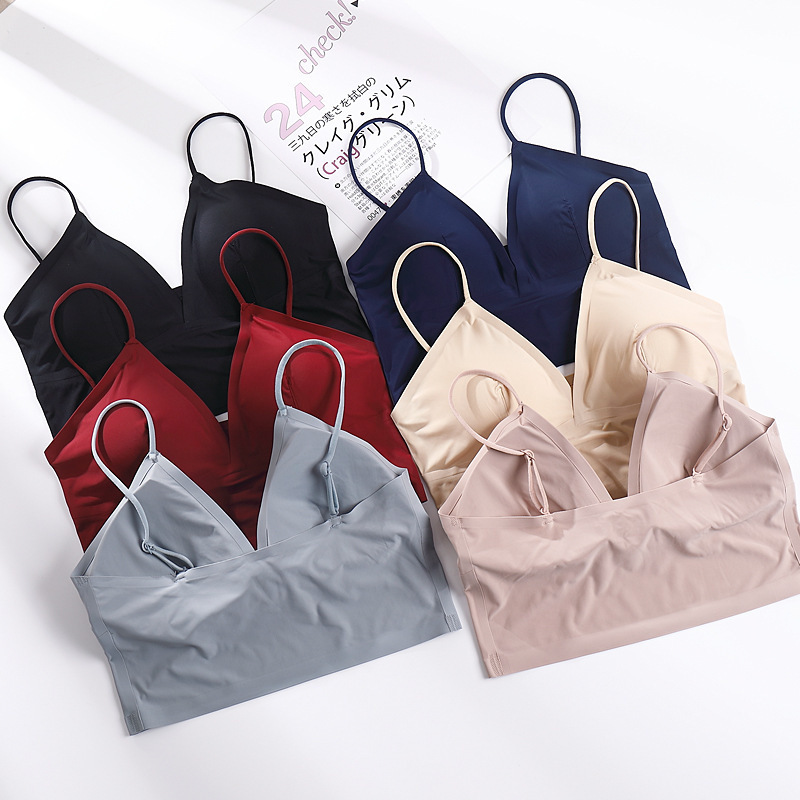 Cross-border bra beauty back ice silk V-neck seamless bra strap sexy women's mid-length vest thin shoulder strap one-piece underwear Cross-border bra beauty back ice silk V-neck seamless bra strap sexy women's mid-length vest thin shoulder strap one-piece underwear