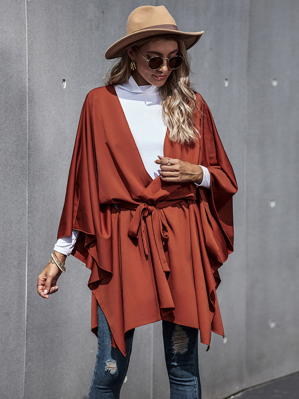 new women's loose bat sleeve long sleeve cardigan strappy cloak coat NHDF89