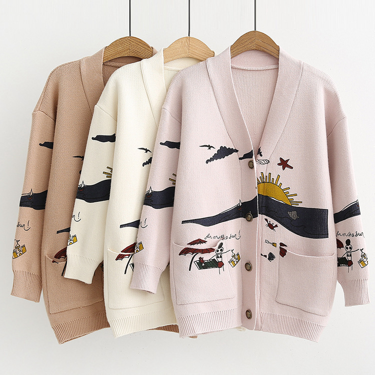 Autumn and Winter Cute Printed Versatile Long-Sleeved Knitted Jacket Spring New Loose Cardigan Sweater Women's Trend