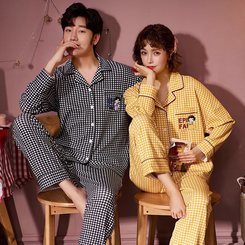 Pijamas de manga larga para pareja primavera y otoño estilo coreano 100% algodón cardigan traje ropa de hogar suelta para hombres
