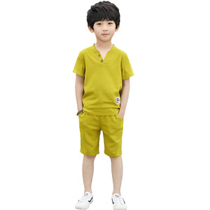 断码清仓男童套装纯色Ｖ领棉麻套装TZ18-054
