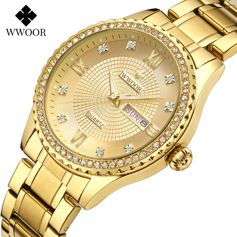 WWOOR Holding Love nueva pareja casual reloj de cuarzo para hombre calendario impermeable rhinestone reloj de moda para mujer 8856