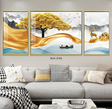 北歐現代抽象三聯裝飾畫客廳沙發背景牆掛畫山水風景烤瓷壁畫批發